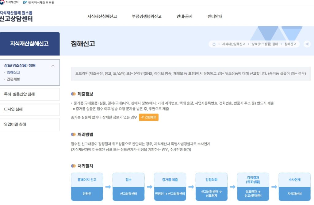지재권 침해신고센터 화면