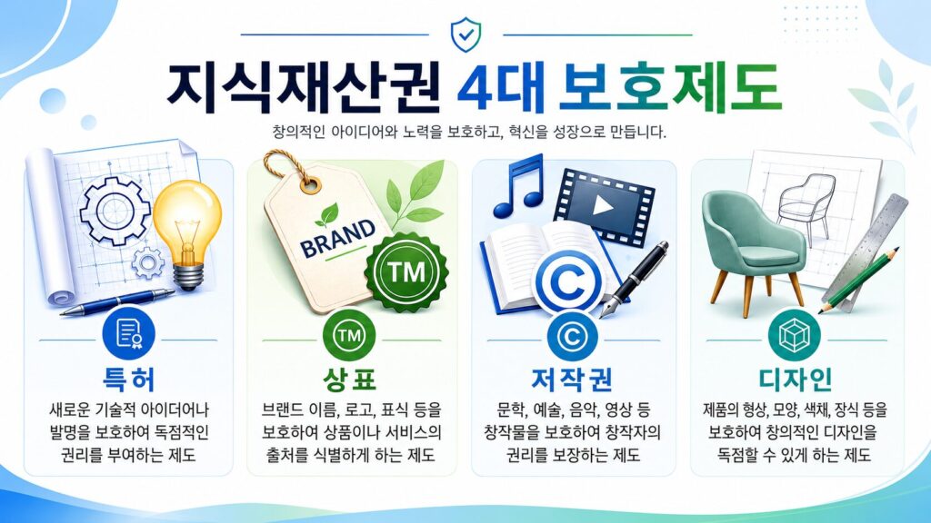 특허 상표 저작권 디자인 차이를 설명하는 지식재산권 4대 보호제도 이미지